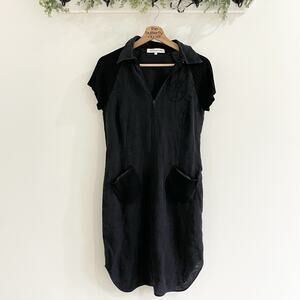 Castelbajac Black 100% Linen Short Sleeve Collared Embroidered Zip Midi Dress